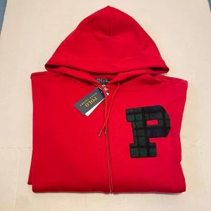 Polo Ralph Lauren Double Tech Plaid Chenille P Patch Zip up Hoodie Size L Red